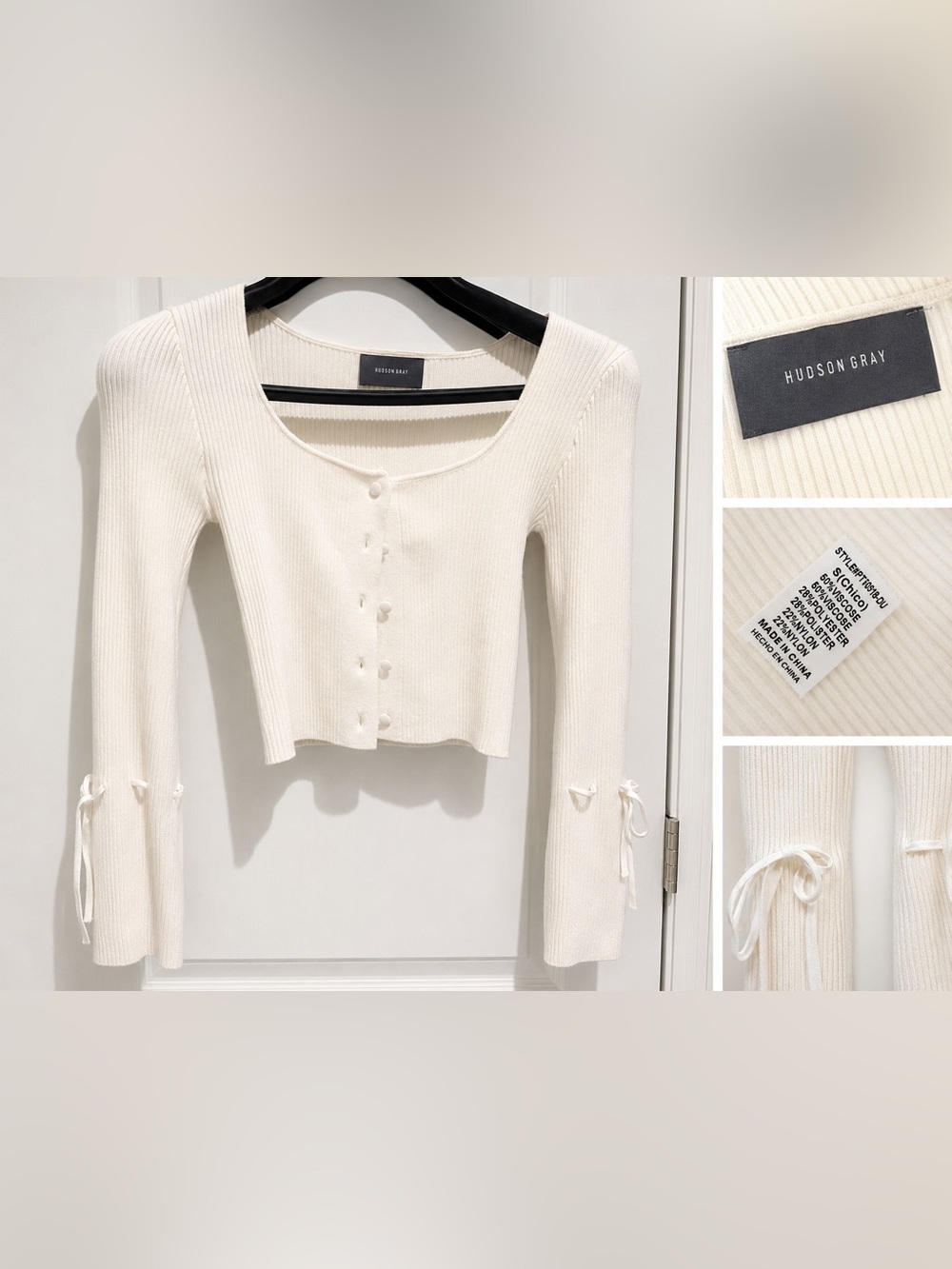 Hudson Gray Ribbed Scoop Neck Button Cardigan - Cream